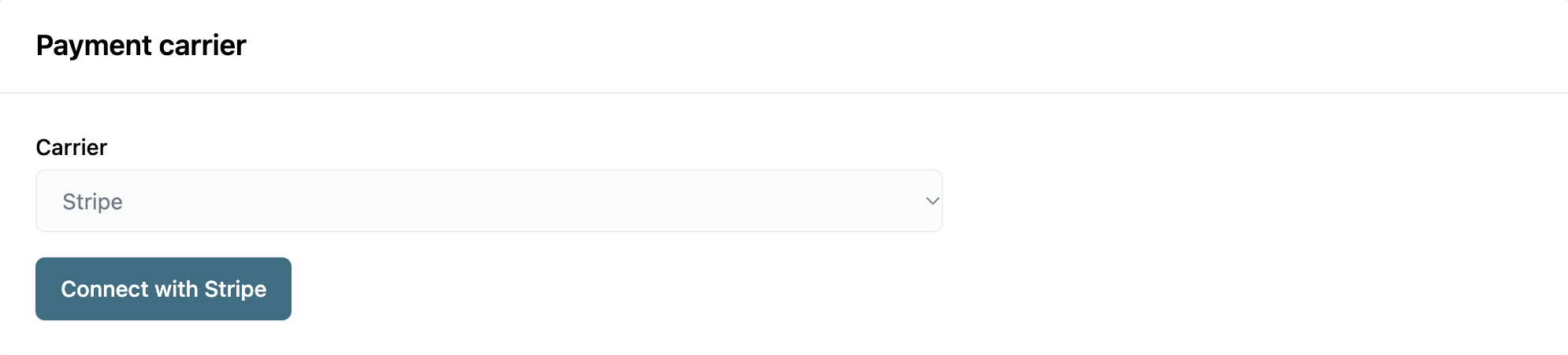 Payment carrier selection interface with Stripe option and connect button displayed prominently.